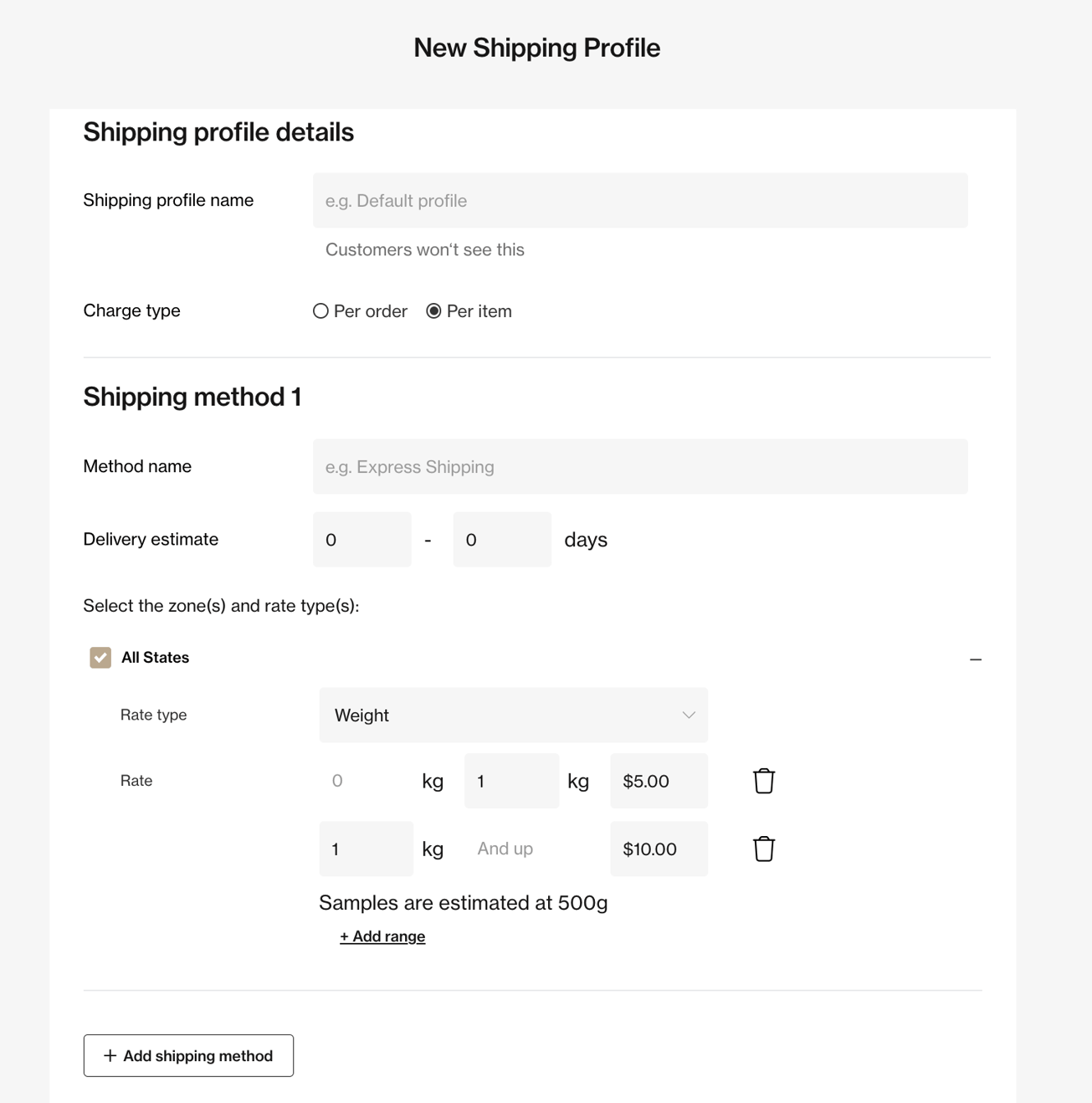 Definition of the different shipping rate types